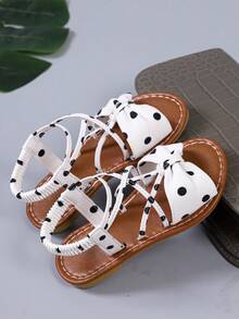 Cute White Polka Dot Bow Sandals For Girls, Criss-Cross Elastic Ankle Strap, Open Toe Kids Summer Shoes, Suitable For Party, Daily Wear, Vacation - White - View 6