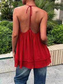 女款夏季涼爽舒適素色日常掛脖短款網紗波希米亞海灘風掛脖上衣 紅色 - 紅色 - 查看 2