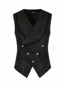 Men's Cross-Neck Vest, Solid Color Lapel Slim Fit Button Vest For Party, Cocktail, Performance - Black - View 1