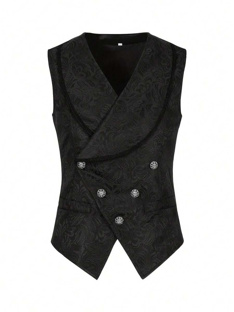 Men's Cross-Neck Vest, Solid Color Lapel Slim Fit Button Vest For Party, Cocktail, Performance - Black - View 1
