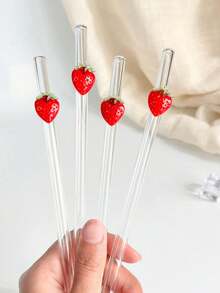 2/4pcs Red Cherry Shaped Glass Drinking Straws, Suitable For Water Cups, Reusable Curved Transparent Thickened Glass Straws Tableware Set, Kitchen Accessories, Straw Decorative Caps, Cold Drinks, Milk Tea, Coffee, Bar, Home, Restaurant, Holiday Supplies, Summer - View 4