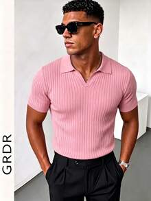 GRDR 男士夏季纯色 Polo 领短袖针织衫，适合夏季外出穿着，时尚造型必备单品 - 粉色 - 查看 2