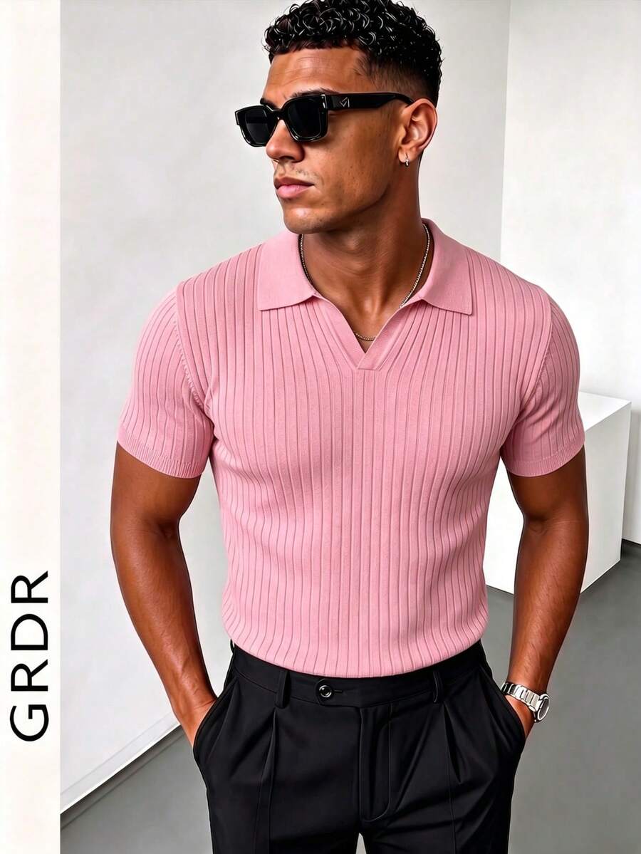 GRDR 男士夏季纯色 Polo 领短袖针织衫，适合夏季外出穿着，时尚造型必备单品