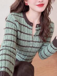 Jaket Sweater Rajut Wanita Kasual Minimalis Bergaris Leher Bulat Musim Gugur/Musim Dingin - Hijau - View 3