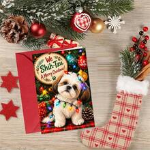1 Greeting Card + 1 Envelope Adorable Christmas Greeting Card, Cute Dog With Lights We Shih Tzu A Merry Christmas, For Pet Lovers, Holiday Festive Art Style. - Yellow Envelope - View 8