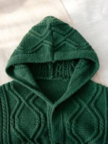 Boys' Vintage Hooded Single-Breasted Long Sleeve Cable Knit Cardigan Sweater, 3D Textured Argyle Pattern, Casual Versatile Jacket For Daily Wear, School, Spring, Autumn, Winter - Green - View 4