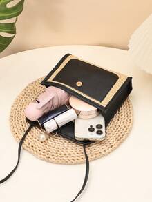 Summer Casual Straw Woven Pearl Pendant Small Square Handbag Crossbody Bag - Black - View 5