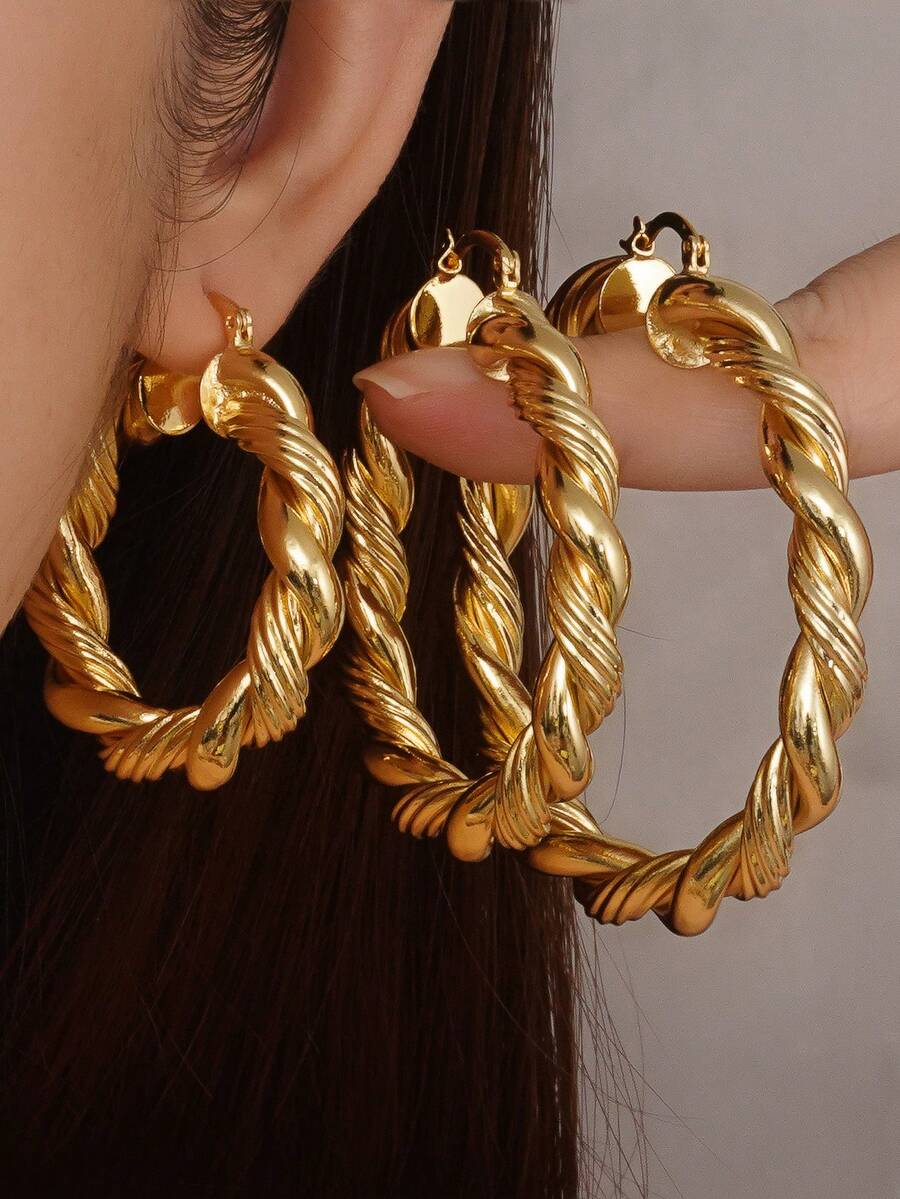 1pc European & American Style Thick Twisted Rope Hoop Earrings, Copper Plated Gold Hollow Lightweight Clip-On Ear Rings, Premium Versatile Commute & Vacation Earrings For Women, 3 Sizes Available