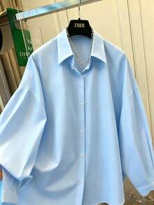 Women's Loose Fit Shirt With Back Tie, Suitable For Commuting, Casual Versatile; Outdoor Beach; Vacation - Baby Blue - View 3