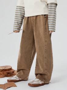 mini bala Boys & Girls Fade‑Resistant Denim Long Pants, 2026 Fall New In - Brown Tone - View 2