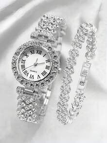 5/2pcs Glamorous Evening Party Women's Alloy Rhinestone Watch Steel Band Accessory Set Bracelet Necklace Earrings Full Rhinestone - Silver - View 5