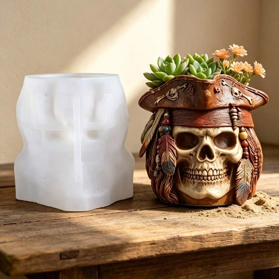 Molde de silicona de resina, molde de silicona de calavera pirata, adecuado para cemento DIY, yeso, molde de maceta de resina, maceta multifuncional para suculentas, molde de silicona para taza de vela de aromaterapia, molde de adorno de decoración de escritorio, material de silicona de fácil liberación, contenedor de arreglo de flores secas para el hogar, molde de regalo DIY hecho a mano, reutilizable - Multicolor - Ver 1