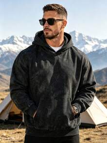 Men's Solid Color Drop Shoulder Long Sleeve Casual Pocket Hoodie, Autumn/Winter - Multicolor - View 5