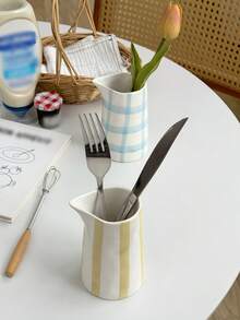 1pc Striped Plaid Milk Jug, Minimalist Ins Style Artistic Hand-Painted Line Striped Plaid Ceramic Milk Pitcher, Kitchen Storage Coffee Milk Pot, Miscellaneous Storage Jar - Multicolor - View 4