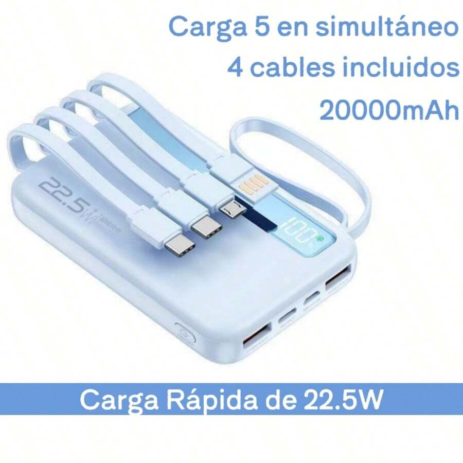 JIDITECH Cargador portátil de 20000mAh con 4 cables incluidos, carga rápida de 22.5W para 5 dispositivos simultáneos, disponible en 5 colores, diseño compacto. - azul - Ver 1
