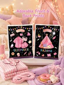 6 Black Pajama Party Gift Bags With Hollow Handles, Cute Tent Pajama Candy Print Packaging, Suitable For Birthday Party, Pajama Party, Snacks, Shopping And Gift Wrapping Supplies - Multicolor - View 1