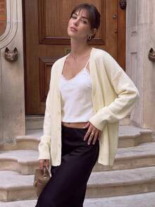 Women's Soft Knit Cardigan, V-Neck Long Sleeve Single-Breasted Casual Loose Sweater, Autumn - White - View 3