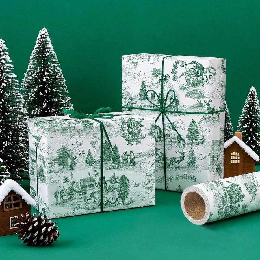 1 Roll Of Wrapping Paper Featuring A Green Santa Claus And Christmas Tree Pattern; Suitable For Christmas, Holiday Decorations, Birthday Parties, Gift Wrapping, And Holiday Gift Boxes Dimensions: 43 Cm * 500 Cm (17 Inches * 16.4 Feet) - Multicolor - View 1