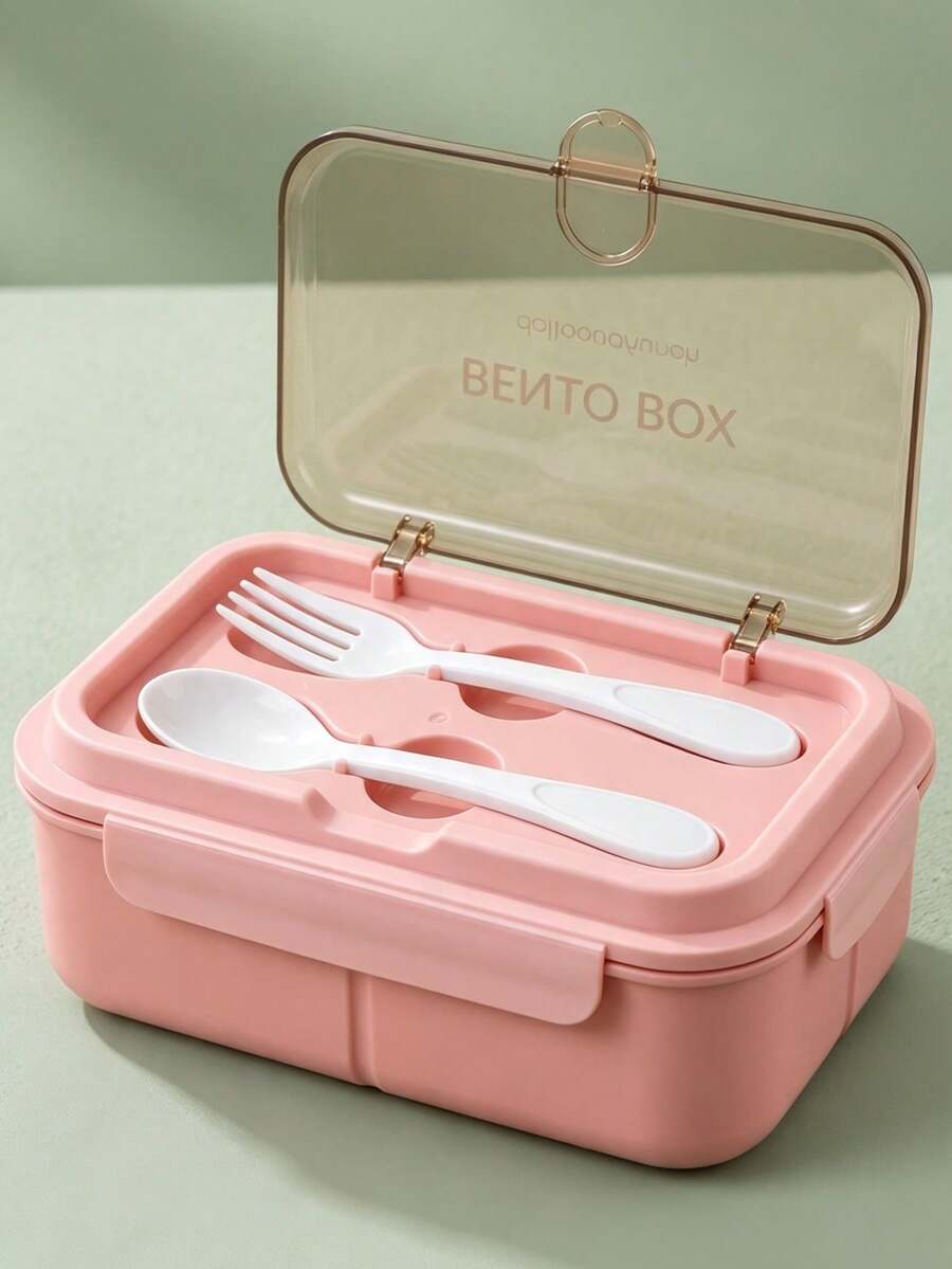 1pc Pink Bento Box, Compartment Food Storage Container, Lunch Box With Spoon And Fork, Microwave Food Storage Box, Leak-Proof Snack Box - Multicolor - View 1