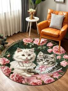 1pc Rose Cat Round Rug, Decorative Carpet, Bedroom Decor, Floor Mat, Carpet, Home Decor, Living Room Carpet, Living Room Small Rug, Bedroom Carpet, Living Room Home Decor, Outdoor Carpet, Washable Carpet - Multicolor 2 - View 1