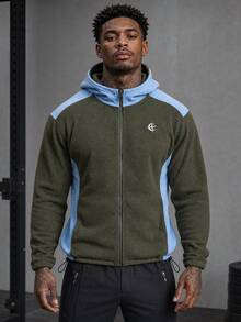 American Outdoor Style Army Green & Light Blue Colorblock Fleece Hooded Jacket, Full Zip Waist-Cinching Loose Warm Jacket - Green - View 2