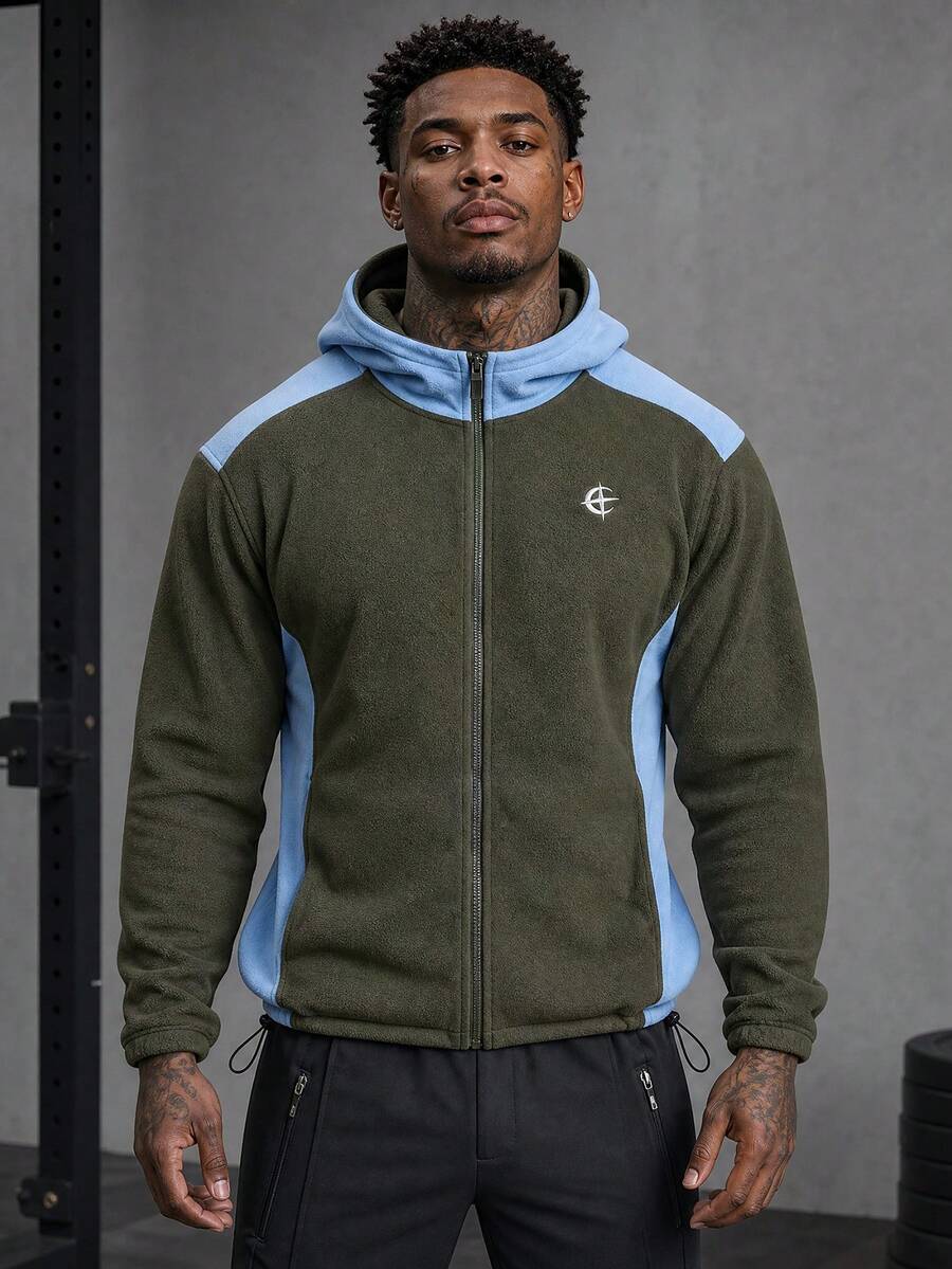 American Outdoor Style Army Green & Light Blue Colorblock Fleece Hooded Jacket, Full Zip Waist-Cinching Loose Warm Jacket