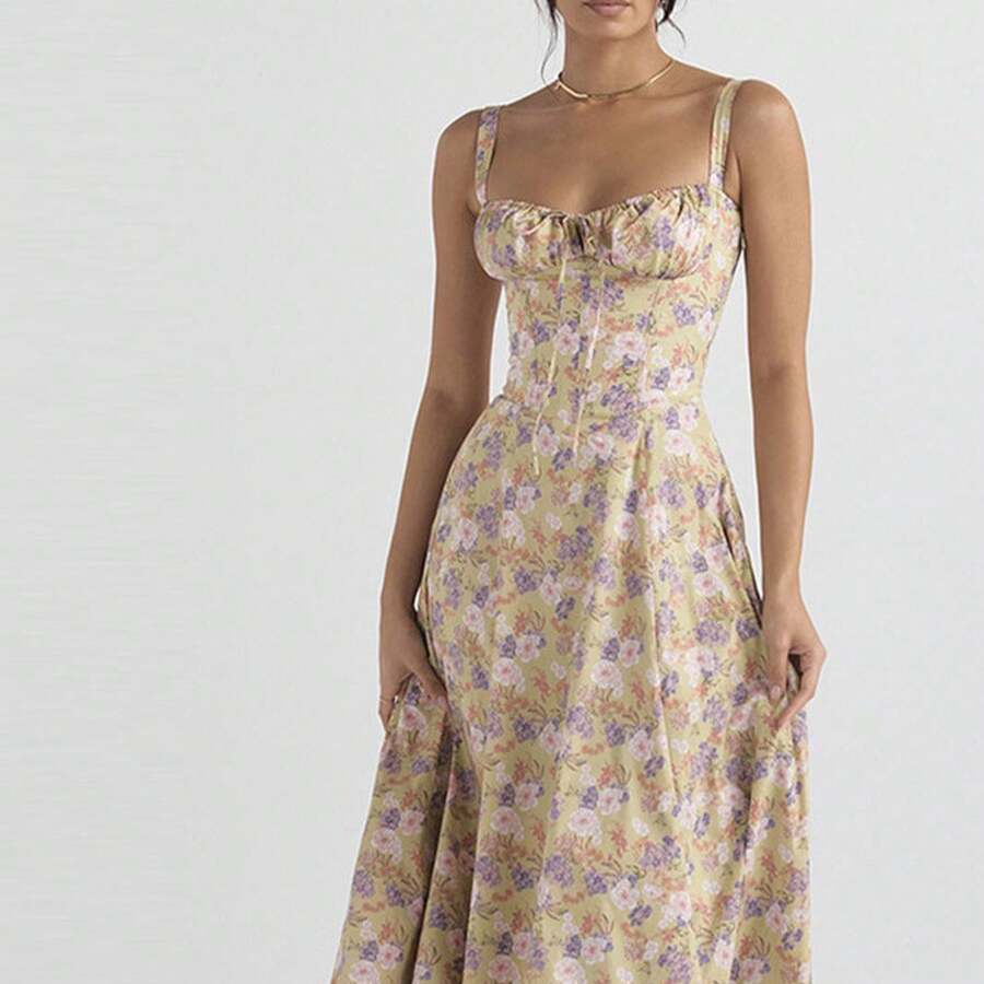 Women Midi Dresses - 杏色底印花 - 查看 1
