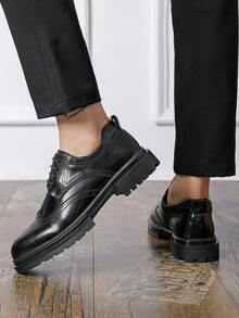 Men's New Round Toe Breathable British Style Thick Sole Height Increasing Lace-Up Casual Daily Work Business Leather Shoes - Black - View 10
