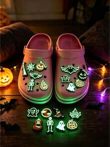 6pcs/12pcs Halloween Party Glow-In-The-Dark Shoe Charms, Made Of Soft PVC Rubber Material, Absorbs Light For 2 Hours For Better Glowing Effect, Suitable For Home Decor, Halloween, Party Gifts, Birthday Gifts, Compatible With Sneakers, Canvas Shoes, Clogs, Basketball Shoes, Training Shoes, Running Shoes And Other Shoe Types. Unisex, Especially Suitable As Birthday Party Gifts Or Back To School Gifts. Product Color And Style Randomly Matched, Images For Reference Only, Actual Product May Vary. - Black - View 2