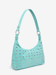 1pc Women's Vintage Autumn/Winter New Blue Suede Rivet Tassel Adjustable Shoulder Strap Baguette Bag, Suitable For Outings, Dates, Commuting, Shopping - Mint Blue - View 2