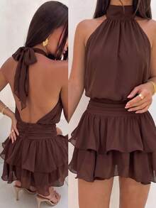 Elegant Fashion Brown Halter Neck Backless Layered Ruffle Mini Dress - Wedding - Brown - View 4