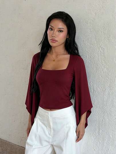 Fall Tops,Elegant Short-Sleeved Tops For Ladies,3/4 Sleeve Flared Sleeves, Basic T-Shirts,Suitable For Daily Casual Wear,Red,Back-To-School Season