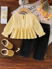 Baby Girl Spring/Autumn Fresh Pastoral Style 2-Piece Set Textured Striped Ruffle Trim Hem Cinched Waist Round Neck Pullover Top + Bow Decor Black Gray Denim Gradient Straight Leg Long Pants - Yellow - View 3