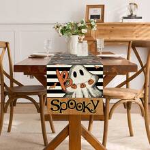 1pc Striped Ghost & Bat Spooky Print Halloween Home Decor Table Runner, Durable Polyester Stiff Fabric Decorative Tablecloth, Holiday Party Dining Table Atmosphere Desktop Arrangement - Black and White - View 7