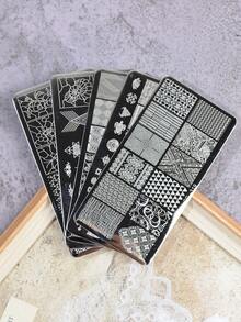 5件組美甲印花鋼板套裝，線條、花卉、幾何圖案不鏽鋼美甲轉印模板，DIY美甲工具 - 銀色 - 查看 4
