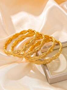 Juego de 4 piezas de brazaletes apilables con estilo árabe vintage, chapados en oro de 21K, con grabado de hoja, textura y borde ondulado, adecuados para el uso diario y celebraciones de mujeres - Amarillo Oro - Ver 4