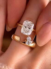 Tsnamer A Set Of Two Elegant Rings Set With Rectangular Cubic Zirconia; Designed Specifically For Women, These Stackable Rings Are Perfect For Any Occasion - Yellow Gold - View 3
