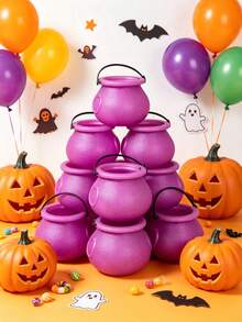6pcs Halloween Green Mini Cauldron Witch Buckets Candy Jars With Handles, Witch Theme Party Decor, Lightweight Portable Candy Boxes, Reusable "Trick Or Treat" Candy Storage Containers, Black Plastic Witch Cauldron Decor, Suitable For Halloween Party, Home Decor, Autumn Decor And Room Arrangement, Plastic Witch And Pumpkin Bucket Props With Snap Closure, Halloween Decoration, Autumn/Winter Seasonal Decor, Gothic Halloween Gifts, Party Decoration Gifts - Purple - View 1