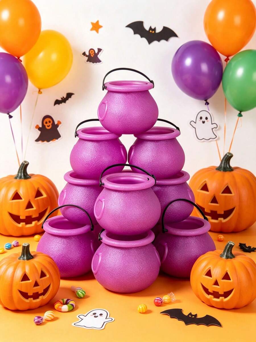 6pcs Halloween Green Mini Cauldron Witch Buckets Candy Jars With Handles, Witch Theme Party Decor, Lightweight Portable Candy Boxes, Reusable "Trick Or Treat" Candy Storage Containers, Black Plastic Witch Cauldron Decor, Suitable For Halloween Party, Home Decor, Autumn Decor And Room Arrangement, Plastic Witch And Pumpkin Bucket Props With Snap Closure, Halloween Decoration, Autumn/Winter Seasonal Decor, Gothic Halloween Gifts, Party Decoration Gifts - Purple - View 1