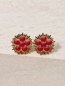 8 Pairs Vintage Red Enamel Stud Earrings Set, Women's Gold Flower Butterfly Turtle Geometric Shaped Exaggerated Jewelry, Suitable For Daily Wear And Party - Red - View 17
