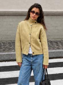 MUMRAP Cárdigan de punto casual de unicolor con cuello alto y botones para mujer, ajuste holgado retro de manga larga para otoño - Verde Oliva - Ver 7