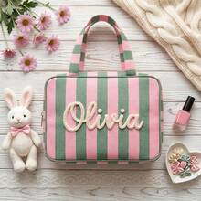 1pc Personalized Striped Makeup Bag, Customized Name Cosmetic Storage Bag, Large Capacity Travel Toiletry Bag With Handle And Hook, Portable Women's Wash Bag - Multicolor - View 5