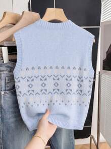 Women's Spring/Autumn Elegant Patterned Jacquard Knit Sweater Vest, Sleeveless V-Neck Casual Versatile Commute Pullover College Style Top Fall - Baby Blue - View 2