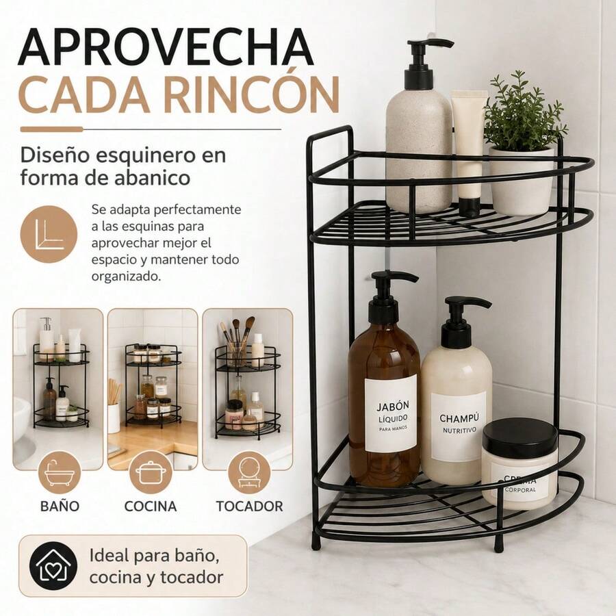 2-Tier Corner Organizer Shelf For Bathroom And Kitchen, Black Iron Fan-Shaped Rack For Cosmetics And Spices, 21 X 21 X 36 Cm - 黑色 - 查看 1