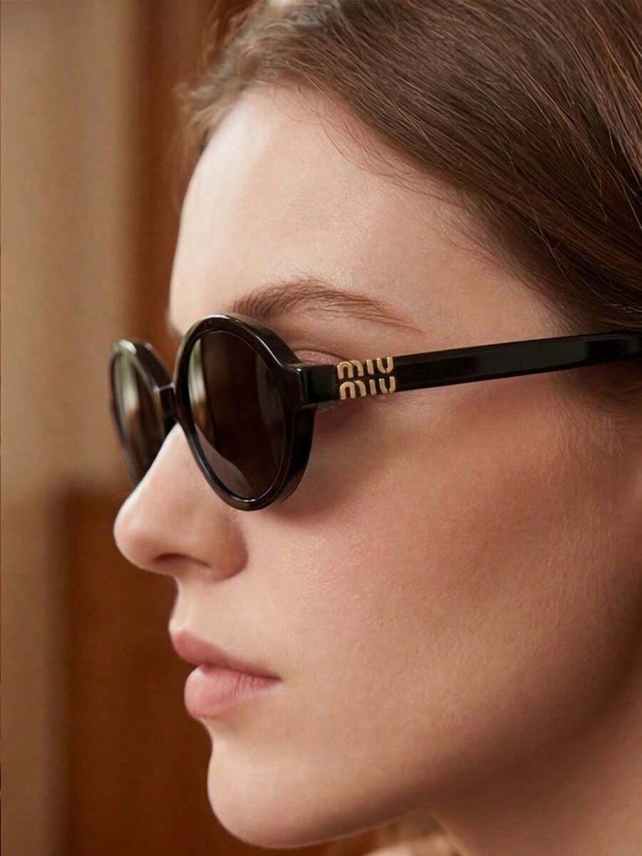 Miu Miu Black Oval Frame Gold Logo UV Protection Fashion Women's Sunglasses Summer Beach Style - Black - View 1