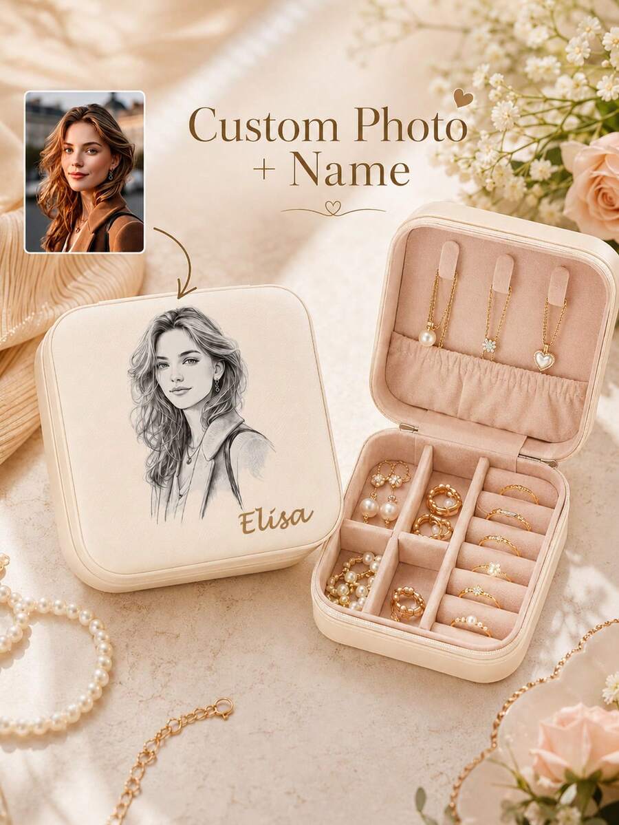 Custom Personalized Jewelry Box, Various Selfie Photos, Name Couple Making, Comfortable Touch Faux Leather Surface, Multi-Grid Partition Storage And Organization Of Rings, Necklaces, Earrings, Travel, Bedroom Jewelry Organizer Box, Ideal Gift - Multicolor - View 1