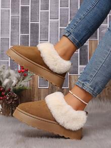 Women's Faux Fur Trim Slip-On Snow Boots, Winter Thermal Lined Thick Sole Anti-Slip Casual Winter Shoes - Brown - View 2