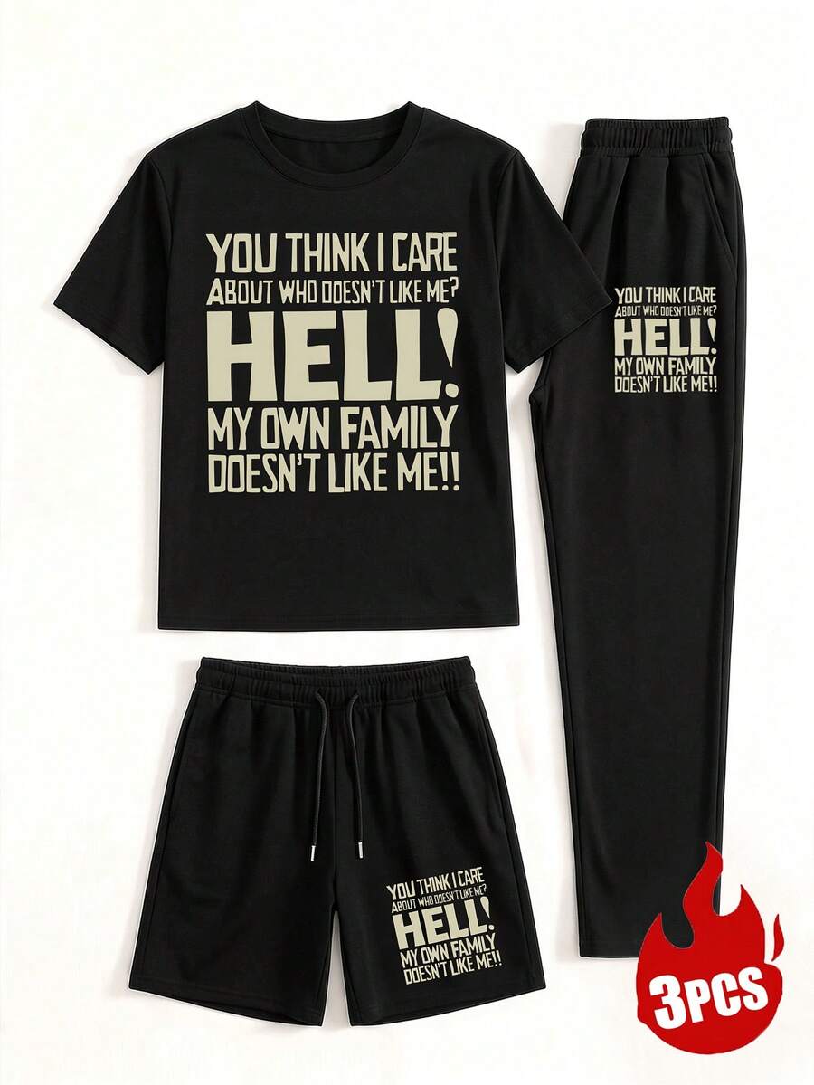 3pcs Men's Crew Neck Short Sleeve T-Shirt And Drawstring Shorts/Pants Casual Loungewear - Black - View 1