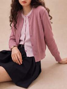 Women's Autumn/Winter Casual Minimalist Colorblock 2 In 1 Cardigan Knit Sweater Jacket Pink - Pink - View 5