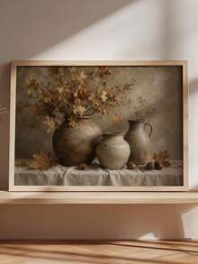 1pc Canvas Wall Art, Framed Wall Decor, Vintage Country Style Autumn Still Life Canvas Painting, Autumn Maple Leaves Ceramic Vase Acorns Pastoral Oil Painting Decor, Warm Earth Tone Comfortable Neutral Aesthetic Wall Decoration - Retro Art - View 5
